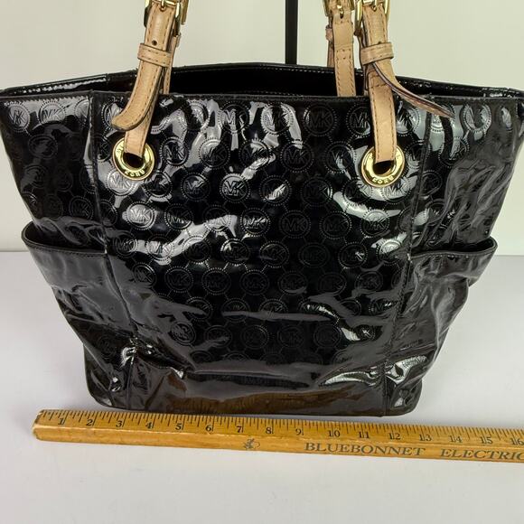 Michael Kors Jet Set Shoulder Tote Bag Black Patent Leather Logo Pattern AV-1302 - Picture 8 of 16
